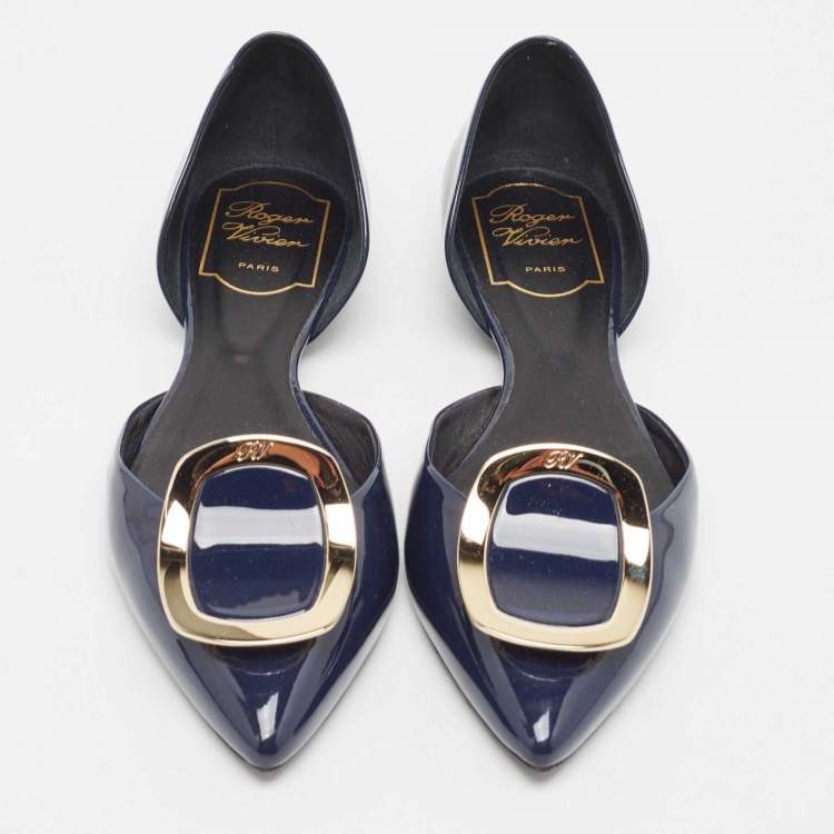 Pre Owned Roger Vivier Navy Blue Patent Leather Chip D'orsay Flats Size 35.5