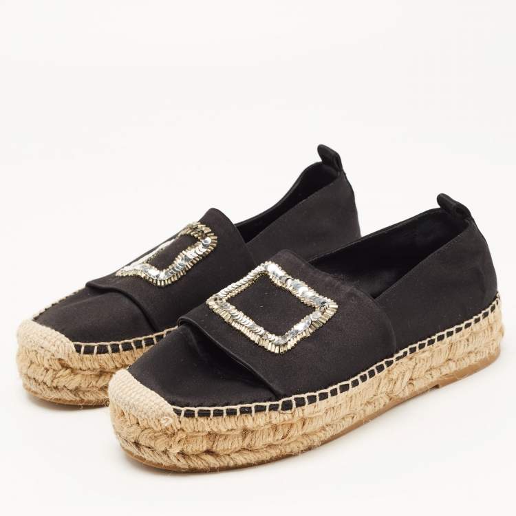 Pre Owned Roger Vivier Black Satin Embellished Espadrille Flats Size 36