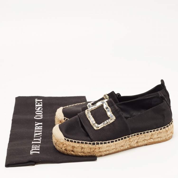 Pre Owned Roger Vivier Black Satin Embellished Espadrille Flats Size 36