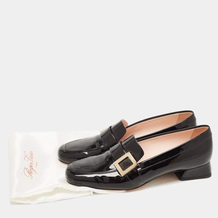 Pre Owned Roger Vivier Black Patent Leather Buckle Detail Square Cap Toe Pumps Size 40 