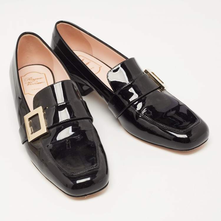 Pre Owned Roger Vivier Black Patent Leather Buckle Detail Square Cap Toe Pumps Size 40 