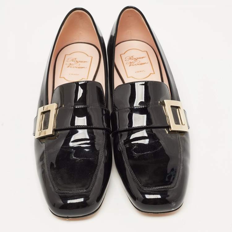 Pre Owned Roger Vivier Black Patent Leather Buckle Detail Square Cap Toe Pumps Size 40 