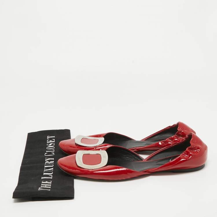 Pre Owned Roger Vivier Red Patent Leather D'Orsay Pointed Toe Ballet Flats Size 40.5