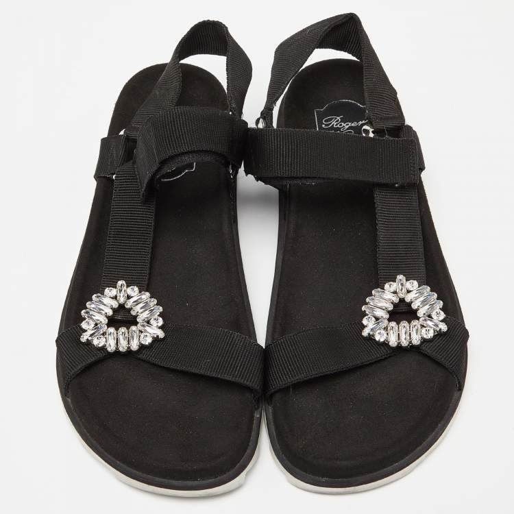 Pre Owned Roger Vivier Black Fabric Crystal Embellished Buckle Trekky Viv'  Flat Sandals Size 40