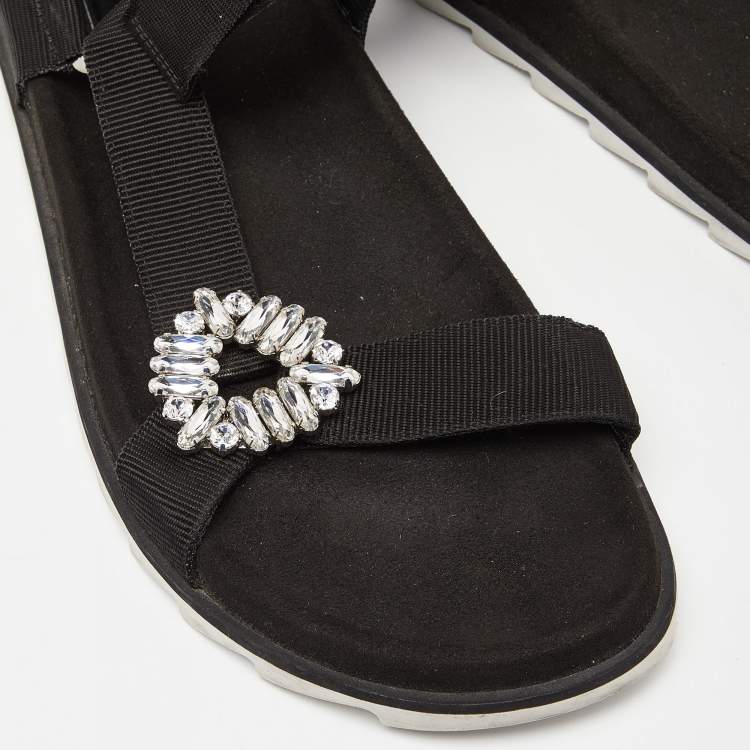 Pre Owned Roger Vivier Black Fabric Crystal Embellished Buckle Trekky Viv'  Flat Sandals Size 40