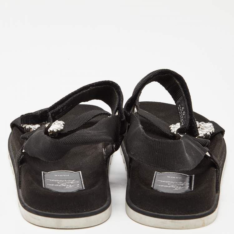 Pre Owned Roger Vivier Black Fabric Crystal Embellished Buckle Trekky Viv'  Flat Sandals Size 40