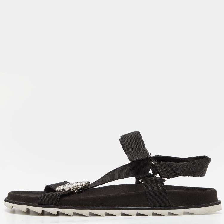 Pre Owned Roger Vivier Black Fabric Crystal Embellished Buckle Trekky Viv'  Flat Sandals Size 40
