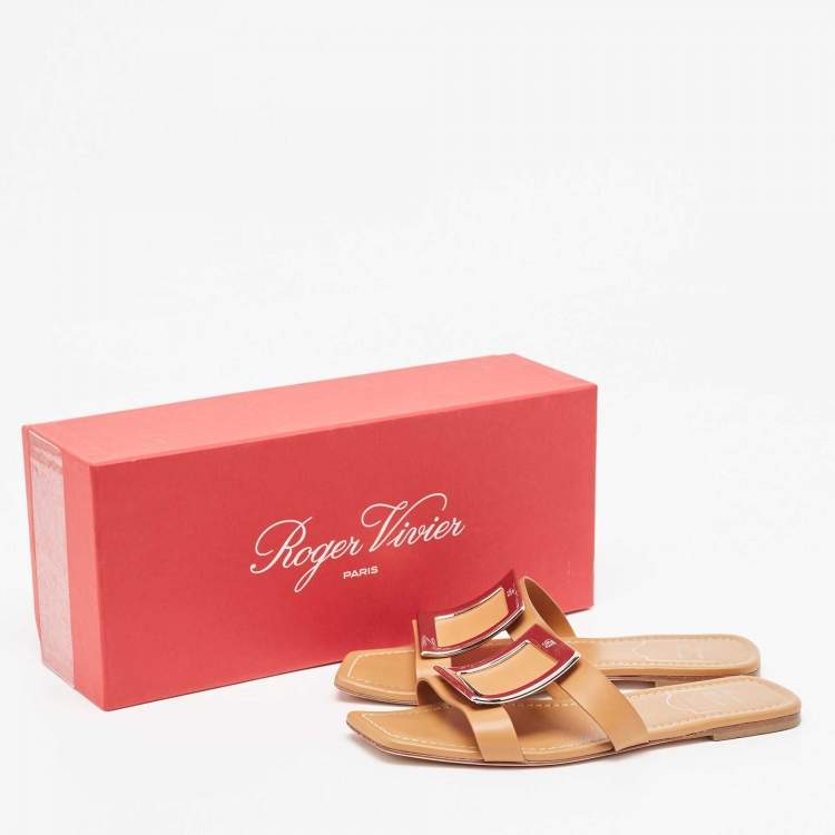 Pre Owned Roger Vivier Brown Leather Flat Slides Size 36.5 