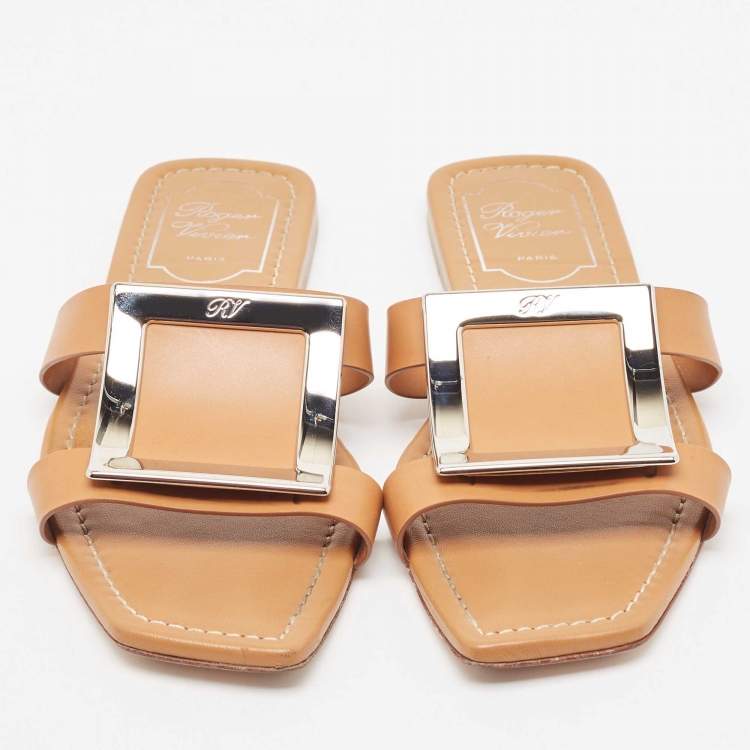 Pre Owned Roger Vivier Brown Leather Flat Slides Size 36.5 