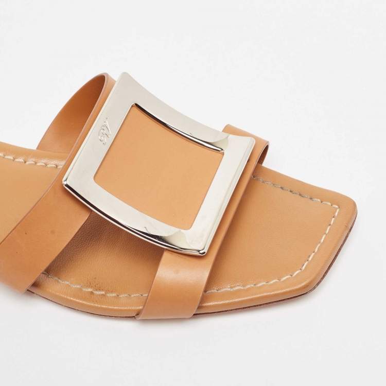 Pre Owned Roger Vivier Brown Leather Flat Slides Size 36.5 