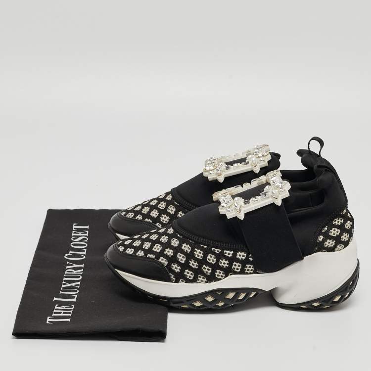 Pre Owned Roger Vivier Black/White Mesh and Neoprene Viv Run Strass Sneakers Size 35