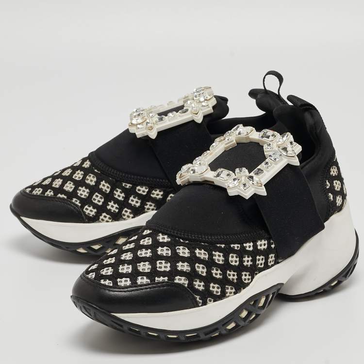 Pre Owned Roger Vivier Black/White Mesh and Neoprene Viv Run Strass Sneakers Size 35