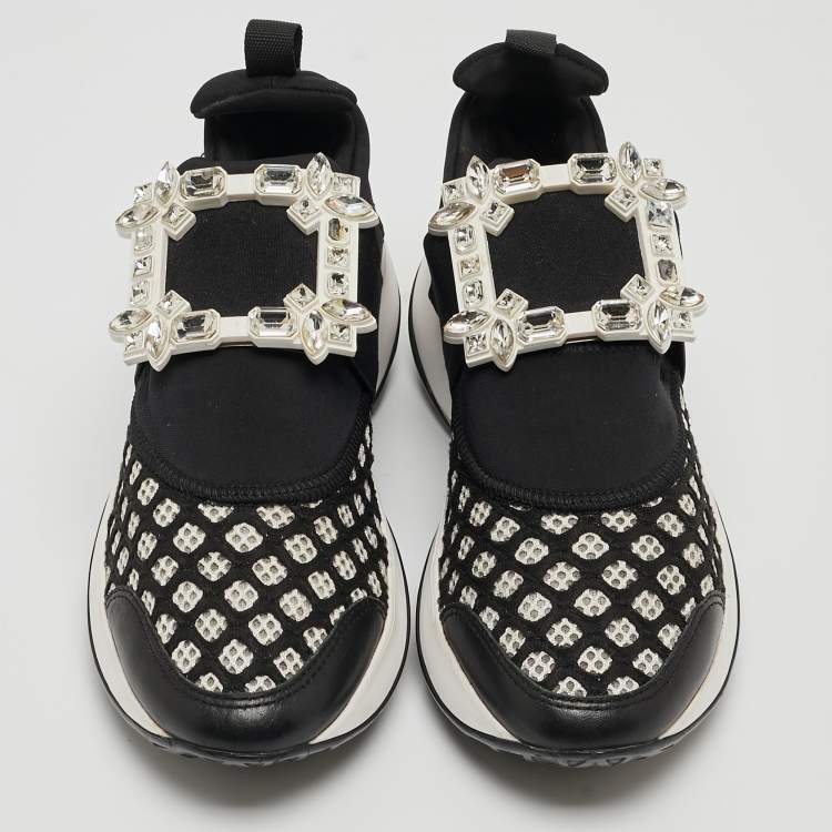 Pre Owned Roger Vivier Black/White Mesh and Neoprene Viv Run Strass Sneakers Size 35