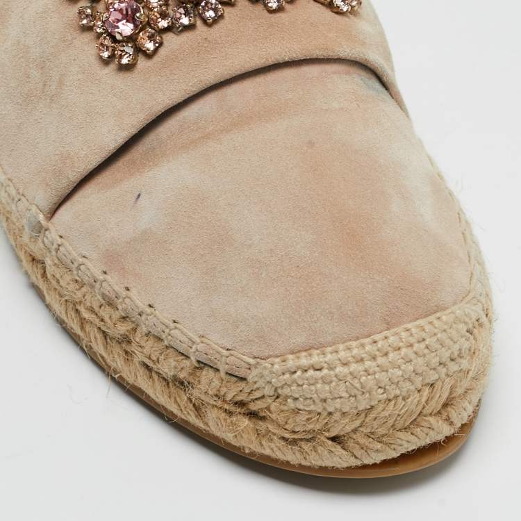 Pre Owned Roger Vivier Light Pink Suede Crystal Embellished Espadrille Flats Size 41