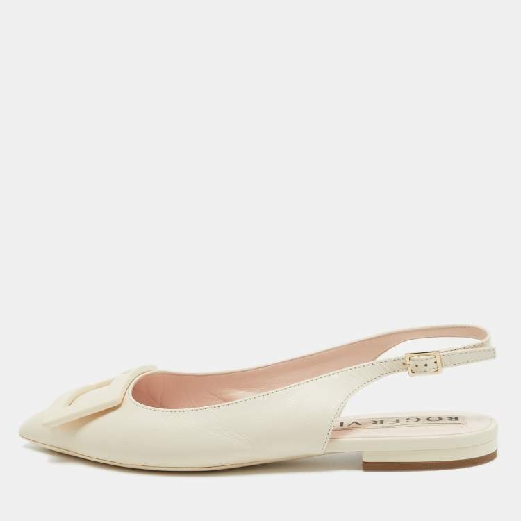 Pre Owned Roger Vivier Cream Leather Gommette Slingback Flat Sandals Size 37