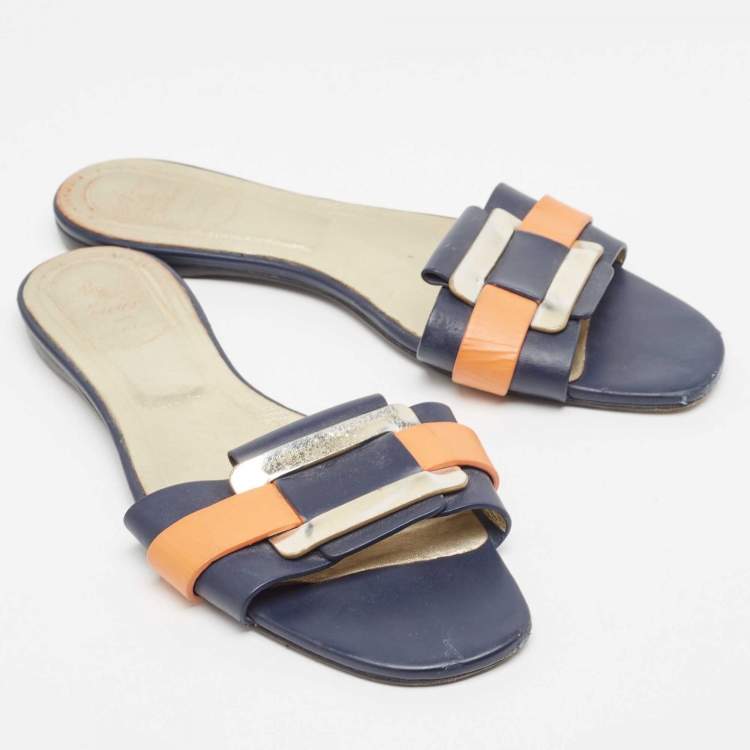 Pre Owned Roger Vivier Multicolor Leather Vivier Flat Slides Size 39   