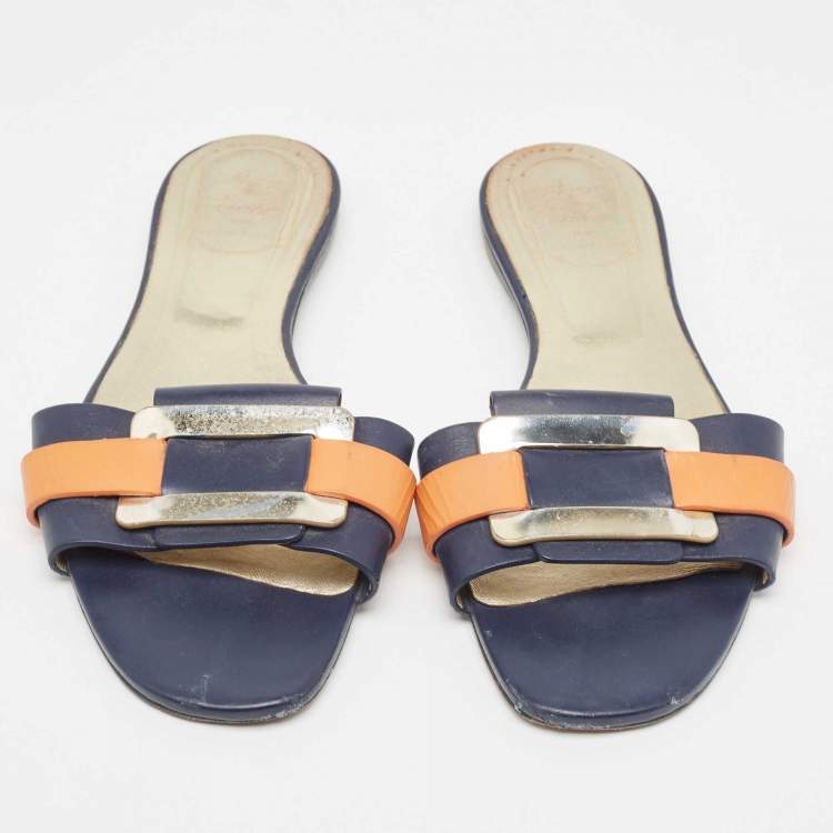 Pre Owned Roger Vivier Multicolor Leather Vivier Flat Slides Size 39   