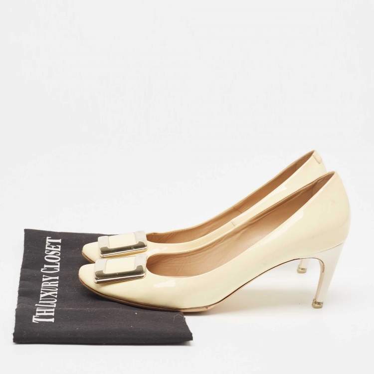 Pre Owned Roger Vivier Cream Patent Leather Trompette Pumps Size 38.5