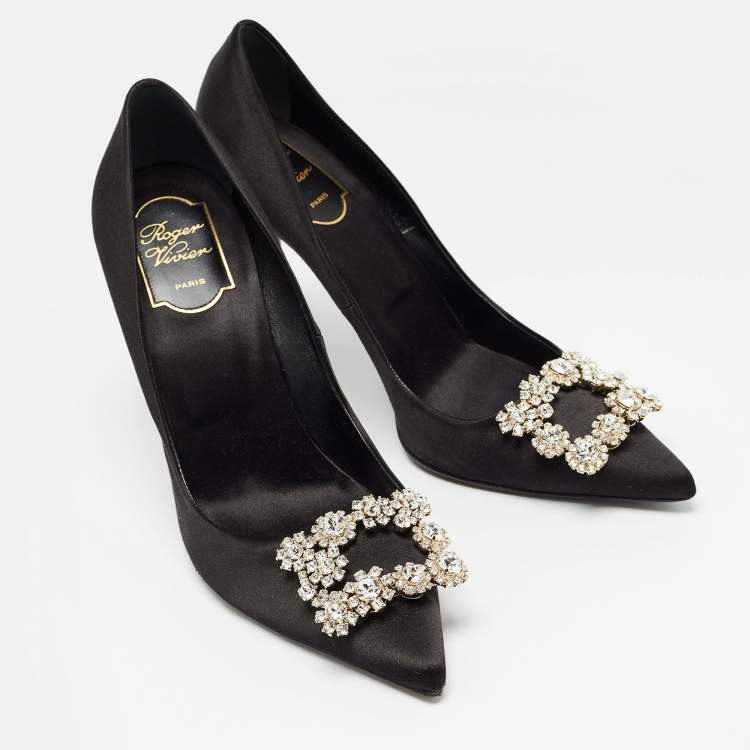 Pre Owned Roger Vivier Black Satin Flower Strass Buckle Pumps Size 40