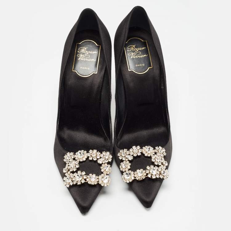 Pre Owned Roger Vivier Black Satin Flower Strass Buckle Pumps Size 40