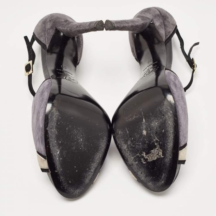 Pre Owned Roger Vivier Black Suede Ankle Strap Peep Toe Sandals Size 39