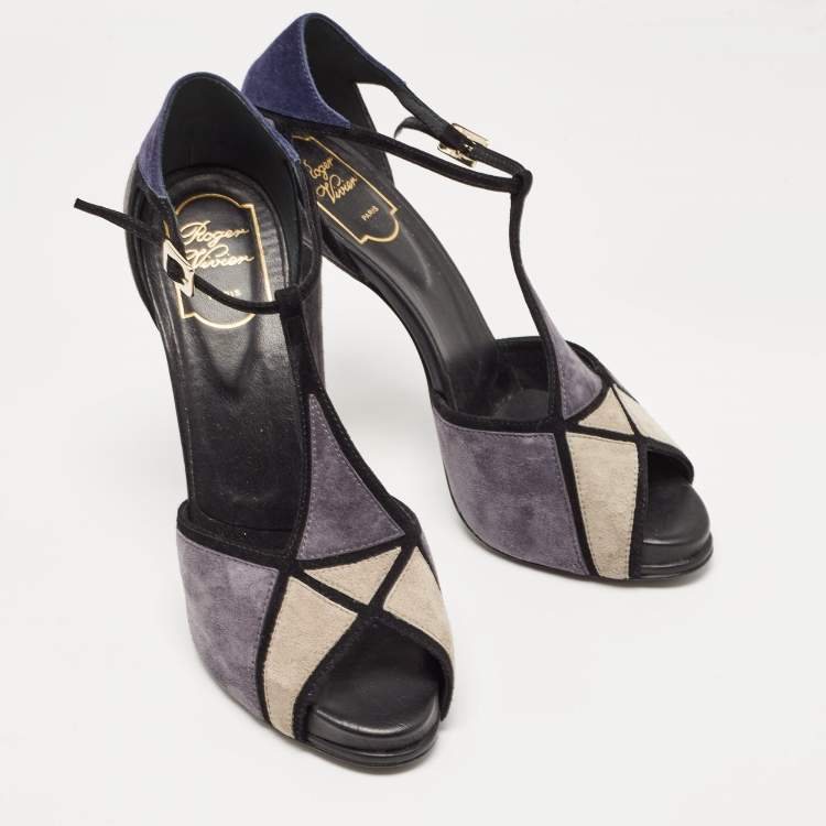 Pre Owned Roger Vivier Black Suede Ankle Strap Peep Toe Sandals Size 39