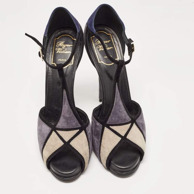 Pre Owned Roger Vivier Black Suede Ankle Strap Peep Toe Sandals Size 39