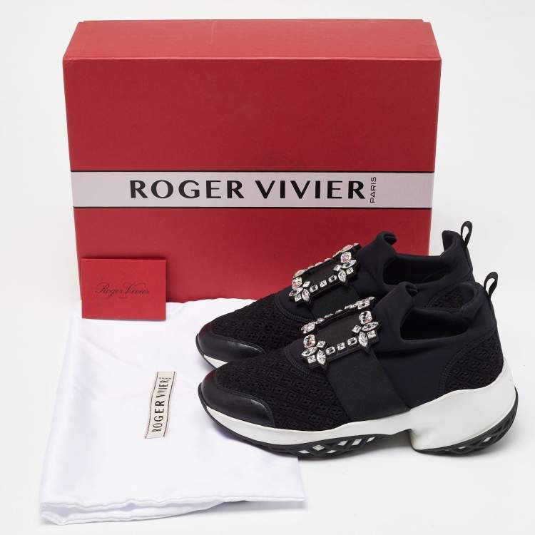 Pre Owned Roger Vivier Black Mesh Fabric and Leather Crystal Embellished Slip On Sneakers Size 38
