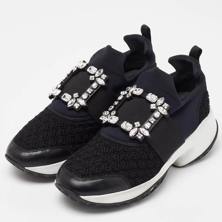Pre Owned Roger Vivier Black Mesh Fabric and Leather Crystal Embellished Slip On Sneakers Size 38