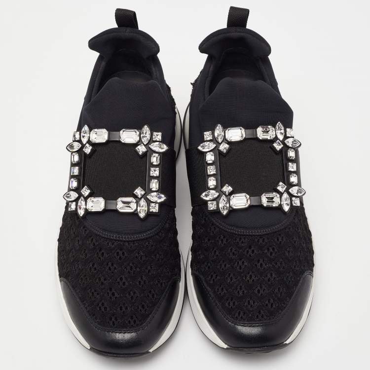 Pre Owned Roger Vivier Black Mesh Fabric and Leather Crystal Embellished Slip On Sneakers Size 38