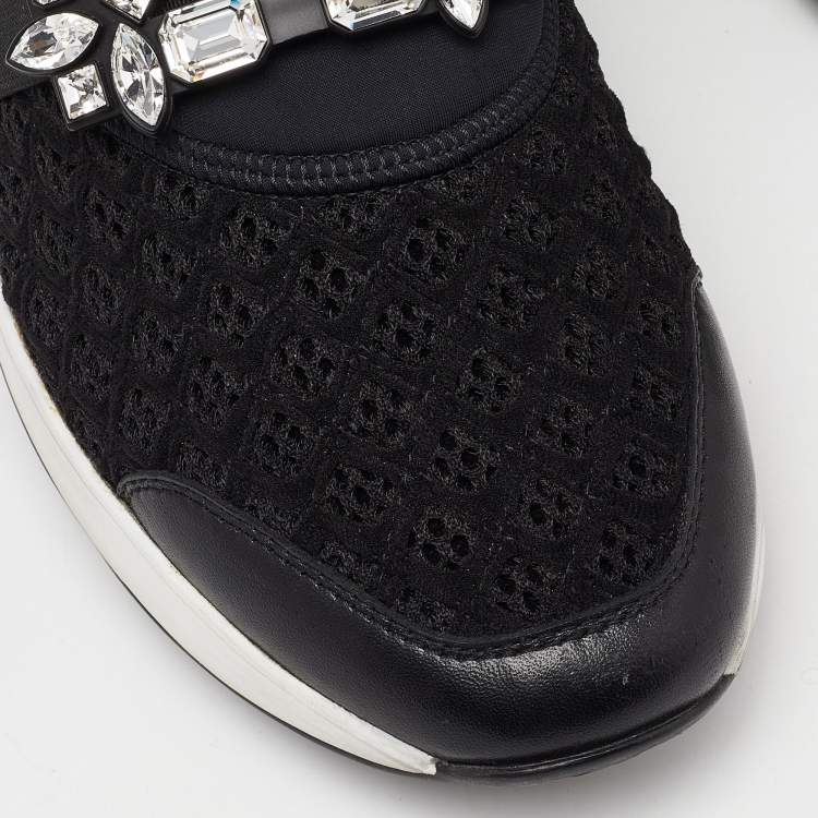 Pre Owned Roger Vivier Black Mesh Fabric and Leather Crystal Embellished Slip On Sneakers Size 38