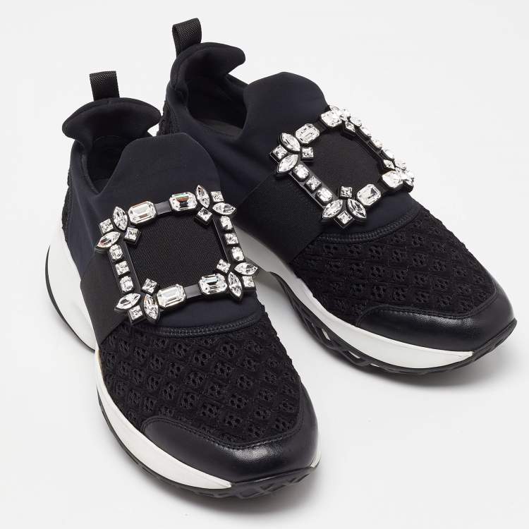 Pre Owned Roger Vivier Black Mesh Fabric and Leather Crystal Embellished Slip On Sneakers Size 38