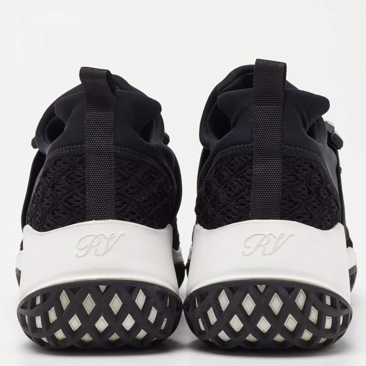 Pre Owned Roger Vivier Black Mesh Fabric and Leather Crystal Embellished Slip On Sneakers Size 38