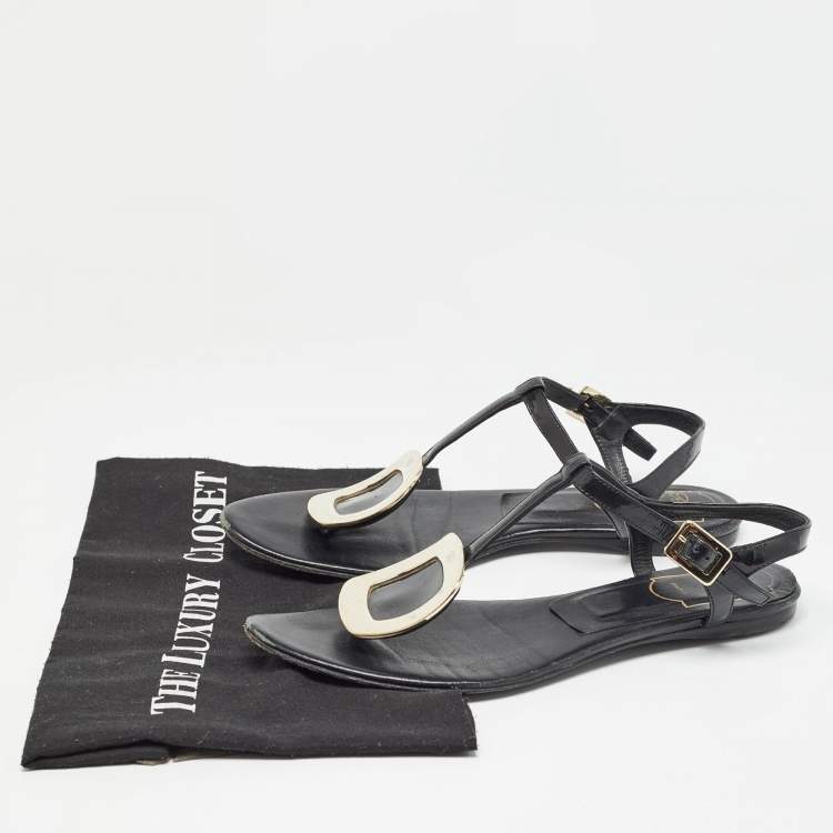 Pre Owned Roger Vivier Black Leather Slingback Flat Sandals Size 37