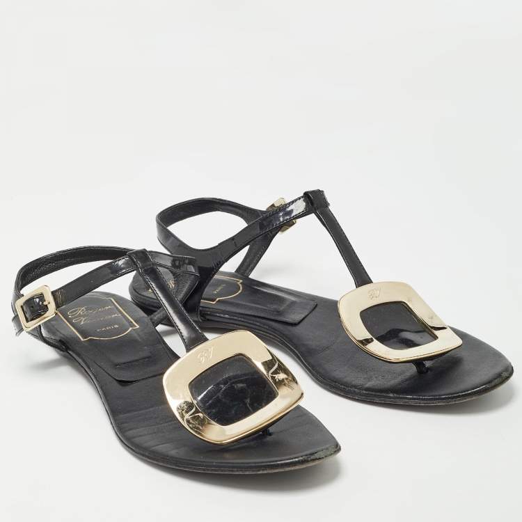 Pre Owned Roger Vivier Black Leather Slingback Flat Sandals Size 37