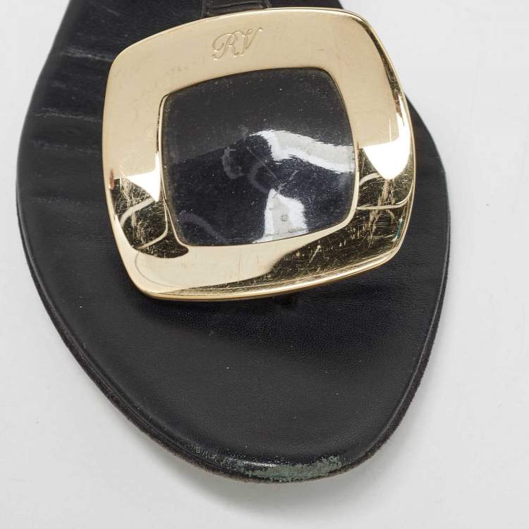 Pre Owned Roger Vivier Black Leather Slingback Flat Sandals Size 37