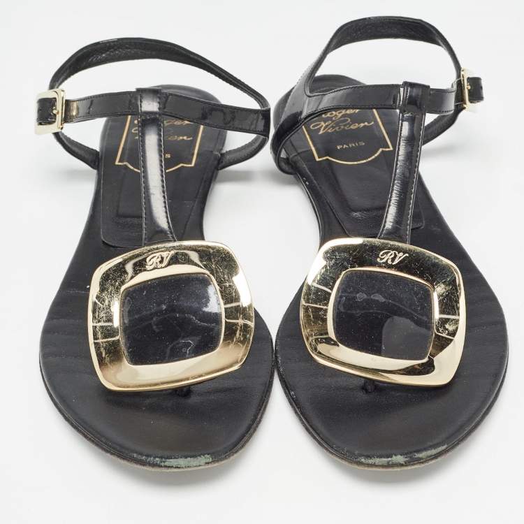 Pre Owned Roger Vivier Black Leather Slingback Flat Sandals Size 37