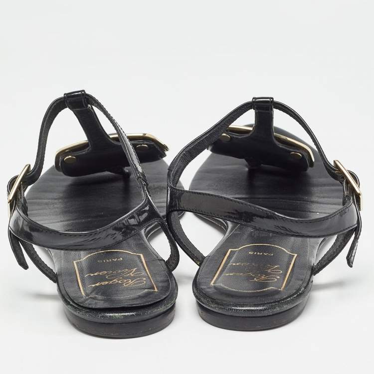 Pre Owned Roger Vivier Black Leather Slingback Flat Sandals Size 37
