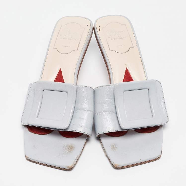 Pre Owned Roger Vivier Light Blue Leather Buckle Slide Sandals Size 37.5