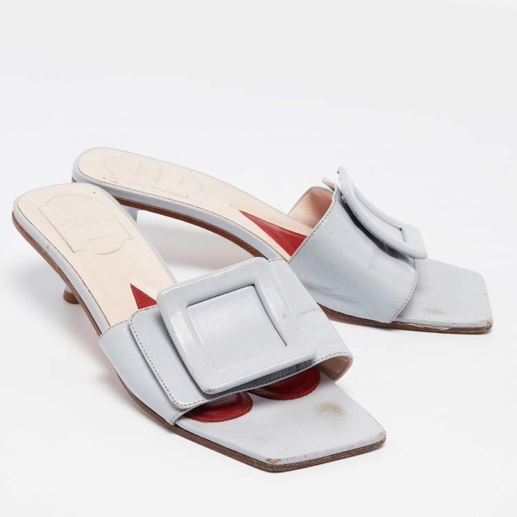 Pre Owned Roger Vivier Light Blue Leather Buckle Slide Sandals Size 37.5