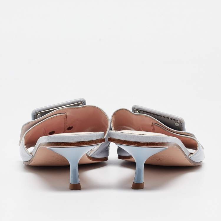 Pre Owned Roger Vivier Light Blue Leather Buckle Slide Sandals Size 37.5