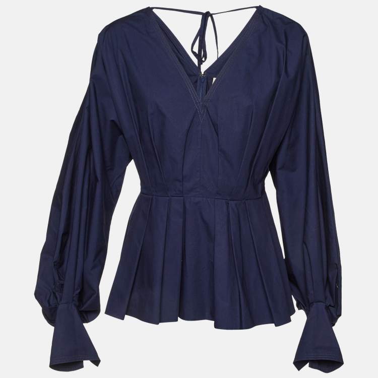 Pre Owned Roksanda Ilincic Navy Blue Cotton Pleated Colette Peplum Top L
