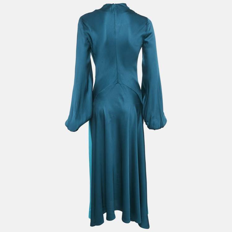 Pre Owned Roksanda Ilincic Jigsaw Blue Satin Cowl Neck Color-Block Asymmetric Long Dress S