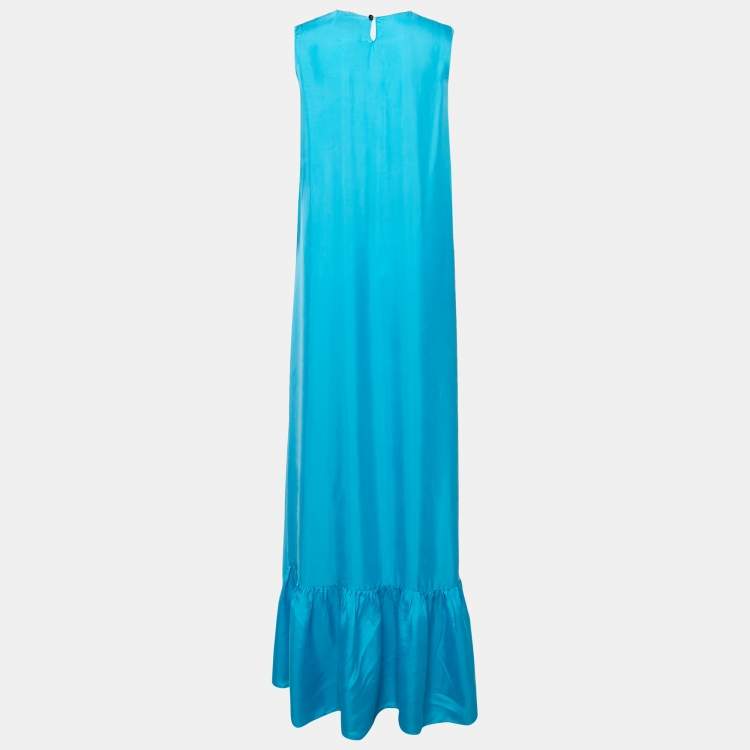 Pre Owned Roksanda Ilincic Sky Blue Sateen Sleeveless Belted Ruffle Hem Maxi Dress L