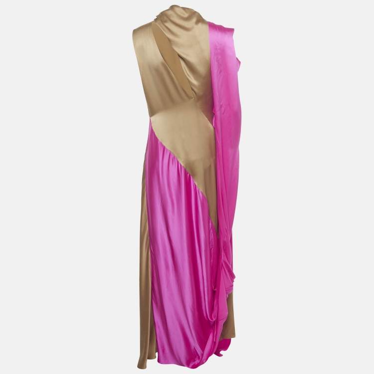 Pre Owned Roksanda Brown Colorblock Silk Shoulder Drape  Maxi Dress M
