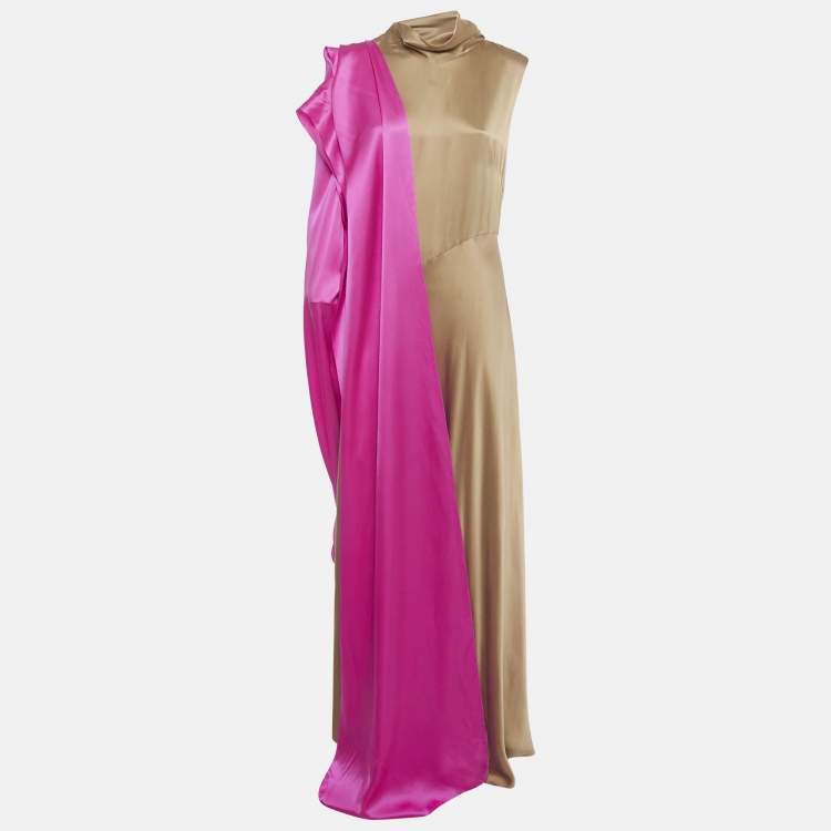 Pre Owned Roksanda Brown Colorblock Silk Shoulder Drape  Maxi Dress M