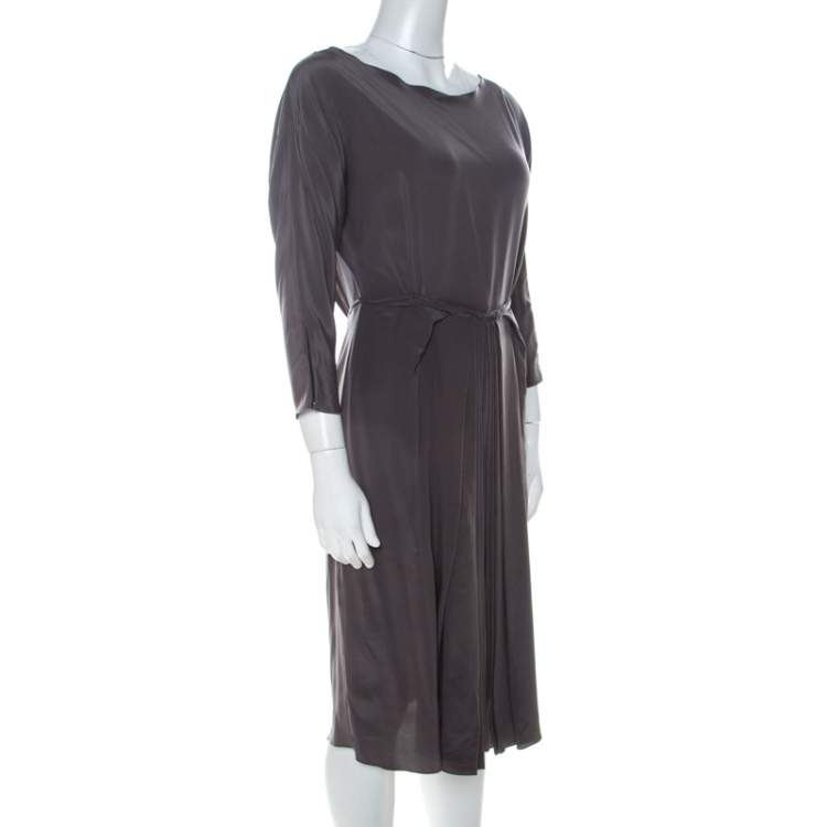 Pre Owned Roksanda Ilincic Gunmetal Grey Silk Pleated Skirt Backless Midi Dress M