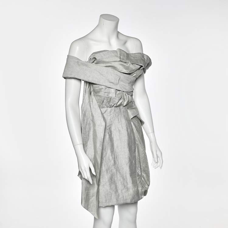 Pre Owned Roksanda Ilincic Grey Silk Draped Off Shoulder Dress M