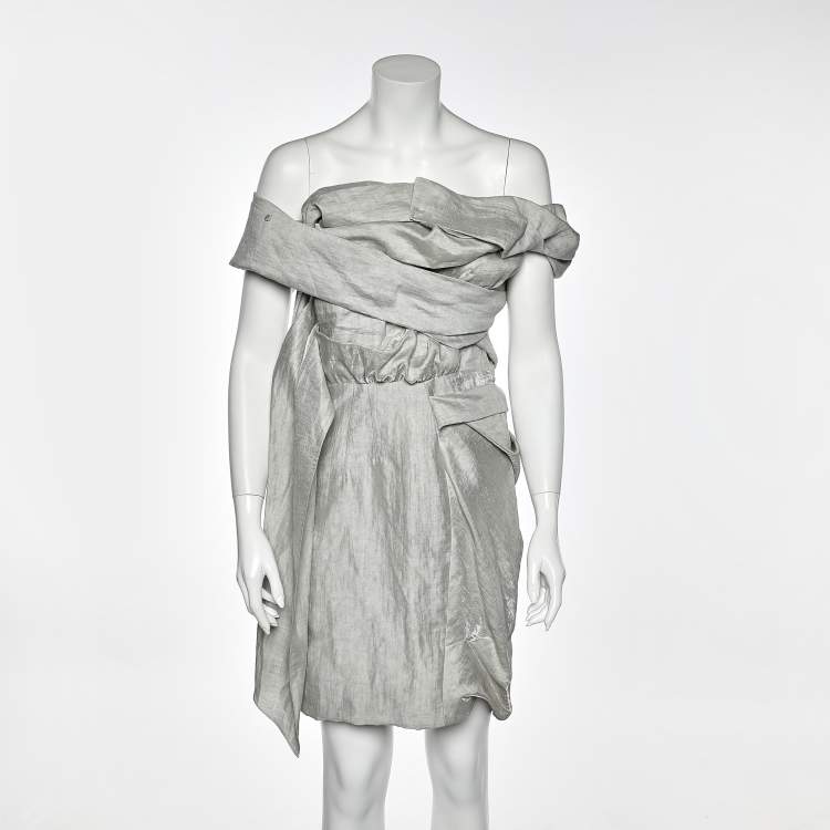 Pre Owned Roksanda Ilincic Grey Silk Draped Off Shoulder Dress M