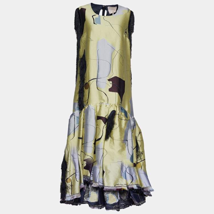 Pre Owned Roksanda Ilincic Yellow Patterned Cotton Fringe Pleated Hem Fringed Dress M